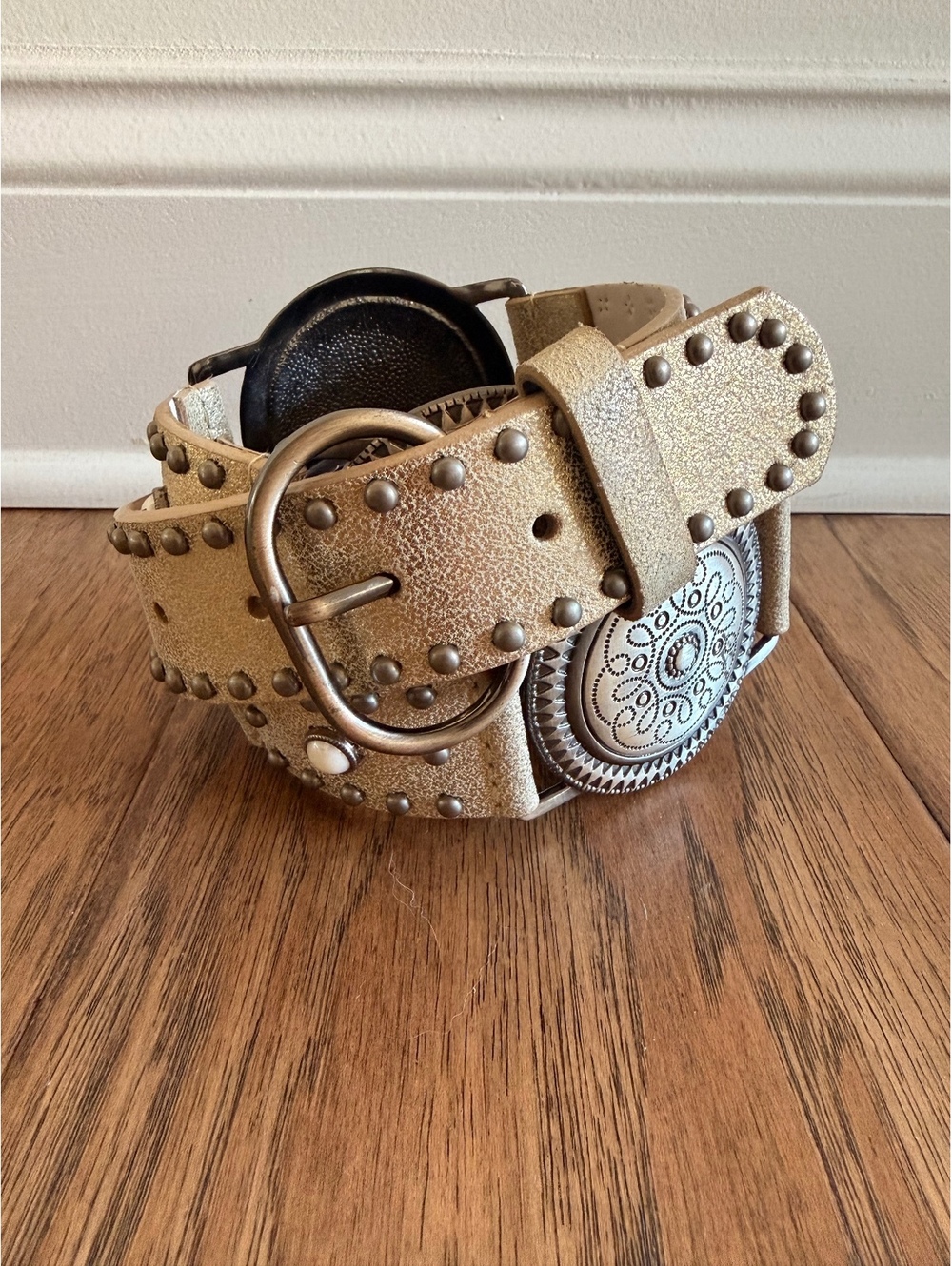 Another Line Women's Leather Belt with Decorative Metal Conchos and Studs